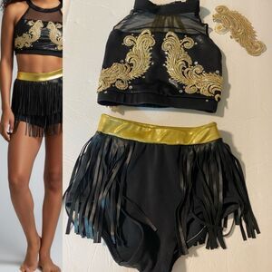 Custom glamorous mature solo dance costume 2 piece leather fringe black MC LC